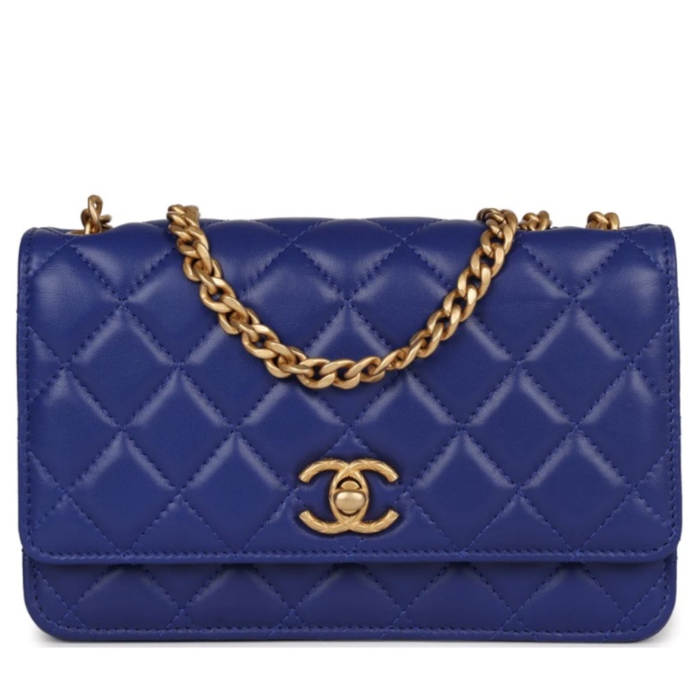 NWT CHANEL Blue Wallet on a Chain, with antique gold hardware.